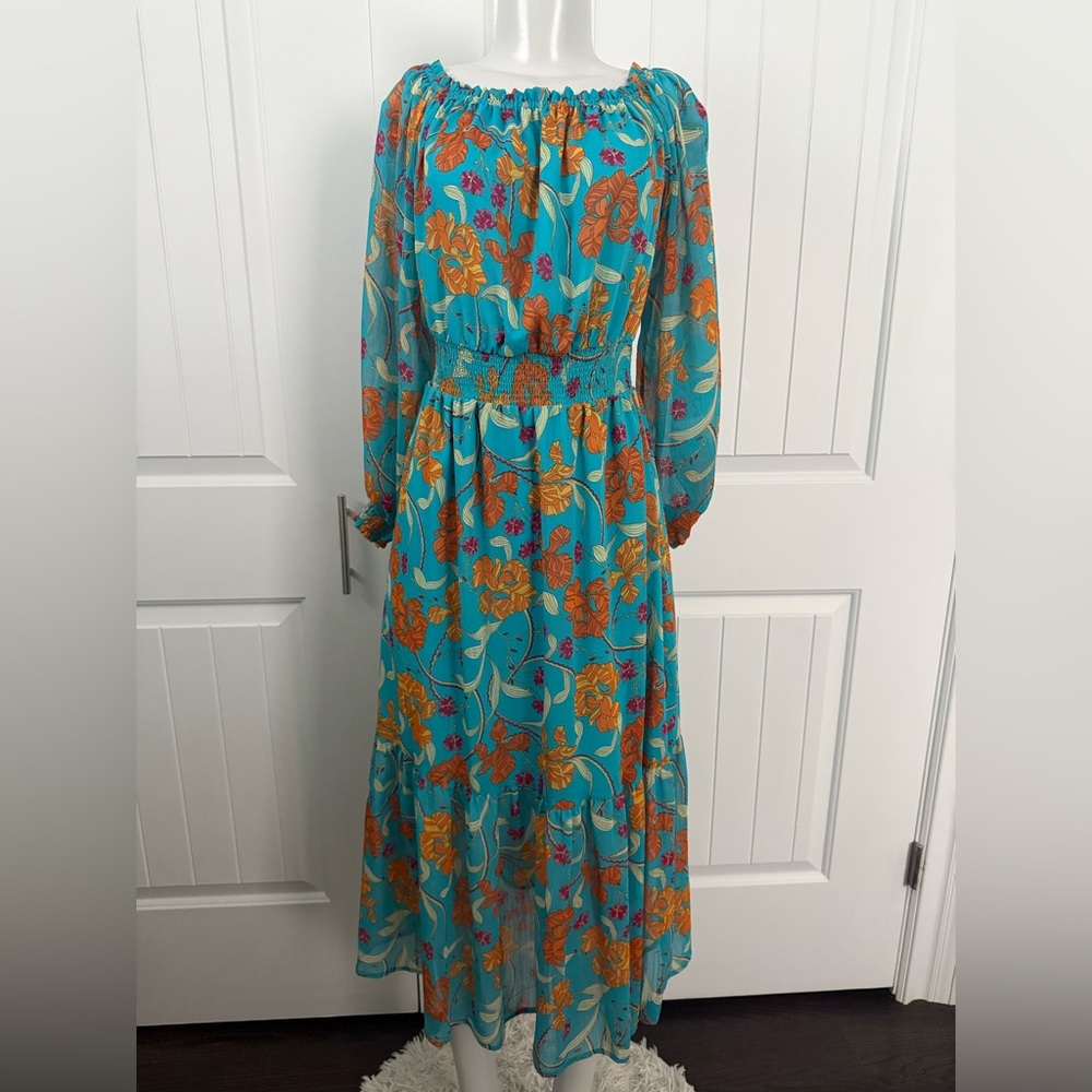 Sofia by Sofia Vergara Blue and Orange Bishop Sleeve Sundress